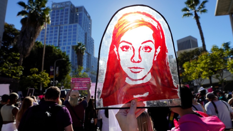 A Rubylith printing screen featuring a portrait of Britney Spears displayed outside a hearing at the Stanley Mosk Courthouse in L.A., on Nov. 12, 2021. (Chris Pizzello / AP) 
