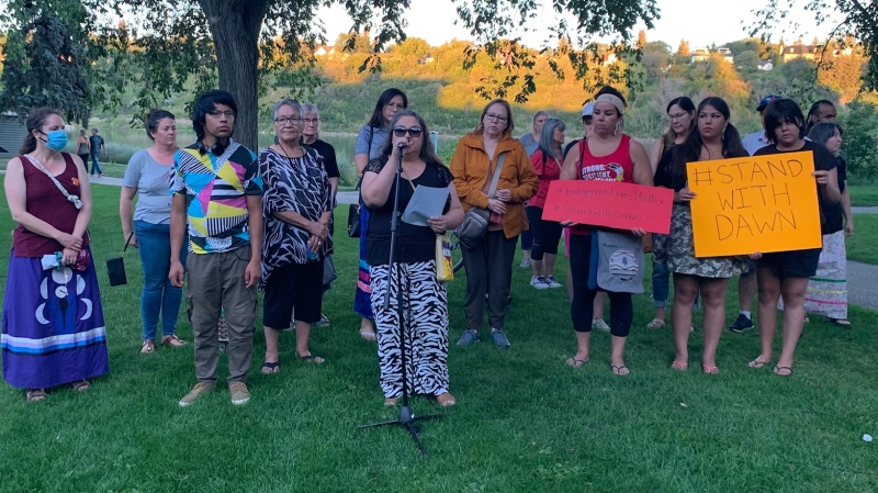 A rally was held in support of Dawn Walker in Saskatoon on Aug. 7, 2022. (Miriam Valdes-Carletti/CTV News)