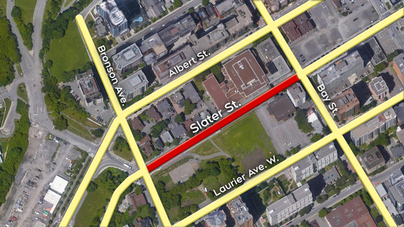 Slater Street will be closed between Bronson Avenue and Bay Street for two weekends in August for construction work. 