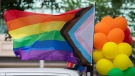 Rainbow flags and coloured balloons are shown at the site where the Montreal Pride parade was supposed to start from in Montreal, Sunday, August 7, 2022. Festival organizers cancelled the parade over concerns for security due to the lack of staff. THE CANADIAN PRESS/Graham Hughes