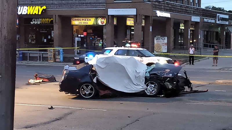 A badly damaged vehicle is seen after a crash at Bathurst Street and Steeles Avenue West on Aug. 9, 2022. (Bob Delson)
