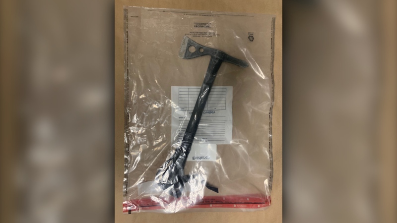 A hatchet that was allegedly wielded by an assault suspect in New Westminster, B.C., on Aug. 8, 2022, is seen in a handout image. 