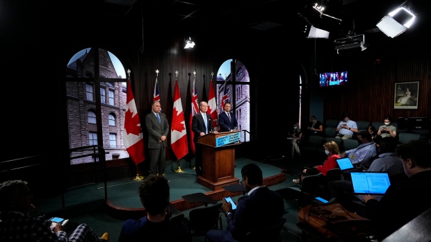 Ontario Minister of Finance Peter Bethlenfalvy speaks to the media following the Speech from the Throne at Queen's Park in Toronto, on Tuesday, August 9, 2022. THE CANADIAN PRESS/Andrew Lahodynskyj 