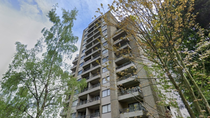 A high-rise apartment building on Pendrell Street, where tenants are facing an additional rent increase to cover repair costs, is seen in a Google Maps image captured in May 2022. 