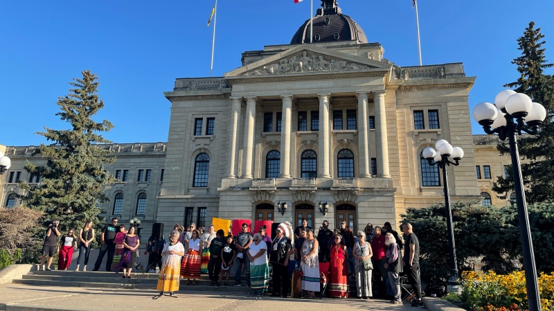 A rally in support of Dawn Walker was held in front of the Saskatchewan Legislative Building on Aug. 9, 2022. (Katy Syrota/CTV News)