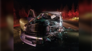 Pickup truck involved in head-on crash with a transport on Highway 144 between Lively and Chelmsford in Greater Sudbury. Aug. 10/22 (Ontario Provincial Police)