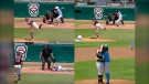 In this combination of photos from video provided by ESPN, pitcher Kaiden Shelton (29), of Pearland, Texas, throws to batter Isaiah Jarvis, of Tulsa, Okla., when an 0-2 pitch got away from him and slammed into Jarvis' helmet during a Little League Southwest Regional Playoff baseball final in Waco, Texas, on Aug. 9, 2022. (ESPN via AP)