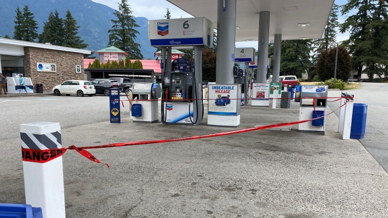 Tape blocks the pumps at a Chevron station in Hope, B.C., on Tuesday, Aug. 9, 2022. (Scott Connorton / CTV News Vancouver)