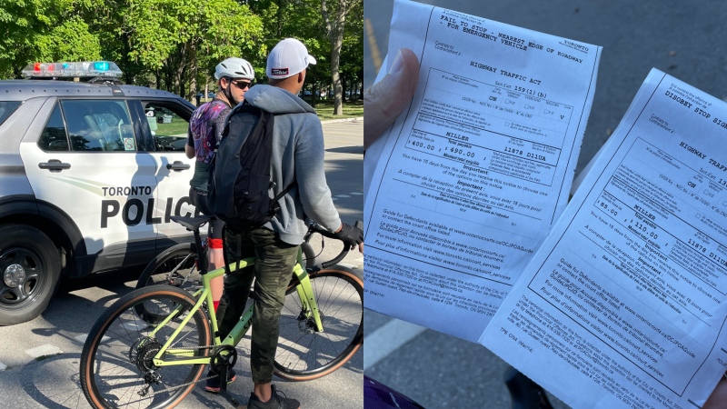 A cyclist can be seen receiving a ticket from TPS above. August 10th, 2022. (Craig Wadman/CTV News Toronto)