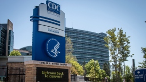 The entrance to the Centers for Disease Control and Prevention is seen, Tuesday, April 19, 2022, in Atlanta. (AP Photo/Ron Harris)