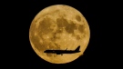 A supermoon, also called a "sturgeon moon," rises as a jetliner approaches John F. Kennedy International airport, Aug. 11, 2022, in New York. (AP Photo/Bebeto Matthews)