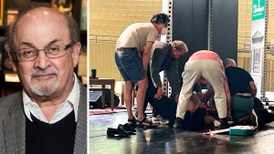 In this composite image, author Salman Rushdie appears at a signing for his book "Home" in London on June 6, 2017, and is also seen being tended to after he was attacked during a lecture, Friday, Aug. 12, 2022, at the Chautauqua Institution in Chautauqua, N.Y. (AP Photo/ Grant Pollard and Joshua Goodman)