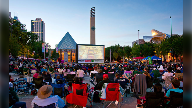 Guests can be seen watching a film at the City of Edmonton's Movies on the Square in Churchill Square in this undated hand-out photo. (Photo: City of Edmonton)