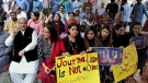 Journalists and employees of a private news channel ARY hold a protest against their channel being taken off-air by the Pakistan media regulator authority, in Islamabad, Pakistan, Friday, Aug. 12, 2022. (AP Photo)