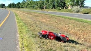 A motorcycle in the ditch of Hwy. 85 in Waterloo. (Twitter: @OPP_HSD) (Aug. 13, 2022)