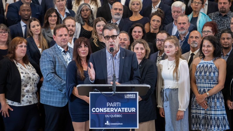 Quebec Conservative Party leader Eric Duhaime speaks during the unveiling of his election campaign platform in Drummondville, Que., Sunday, August 14, 2022. Quebecers will go to the polls on October 3rd. THE CANADIAN PRESS/Graham Hughes