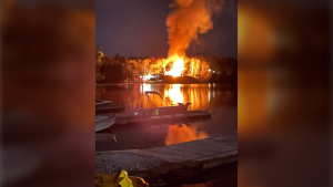 Camp on Agnew Lake on fire in Nairn Centre area. Aug. 15/22 (Josée Lafleur)