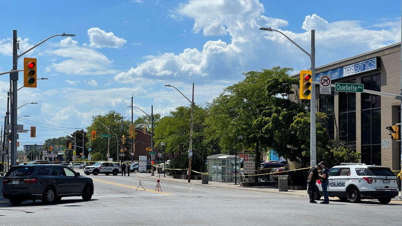 Police say a suspect with a weapon was shot by an officer in Windsor, Ont. on Monday, Aug. 15, 2022. (Travis Fortnum/CTV News Windsor)
