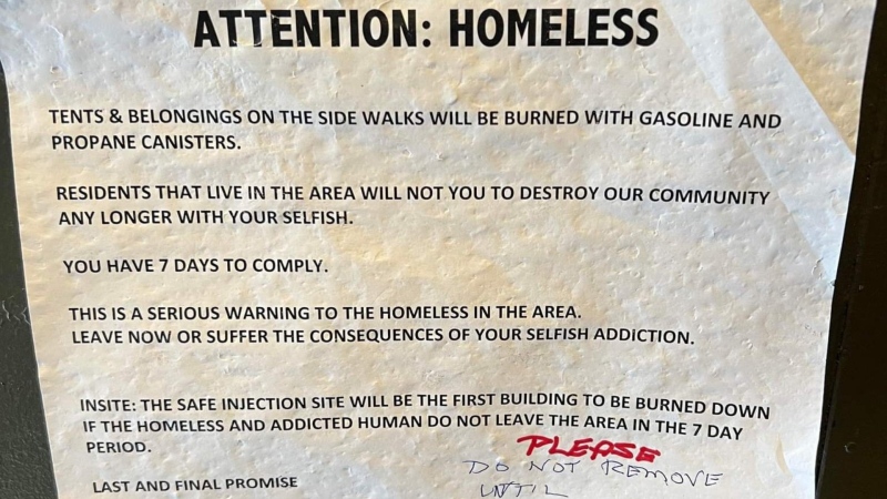 Vancouver police have confirmed an investigation is underway to determine who is responsible for distributing threatening flyers on the Downtown Eastside. (Credit: Twitter/ashtrey5)