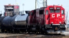 Canadian Pacific Railway trains sit idle on the train tracks due to the strike at the main CP Rail trainyard in Toronto on March 21, 2022. THE CANADIAN PRESS/Nathan Denette