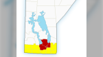 Severe thunderstorm warnings (pictured in red) were issued in Manitoba on Monday, Aug. 15, 2022.  The warnings were lifted before 9 p.m. (Source: Environment and Climate Change Canada)