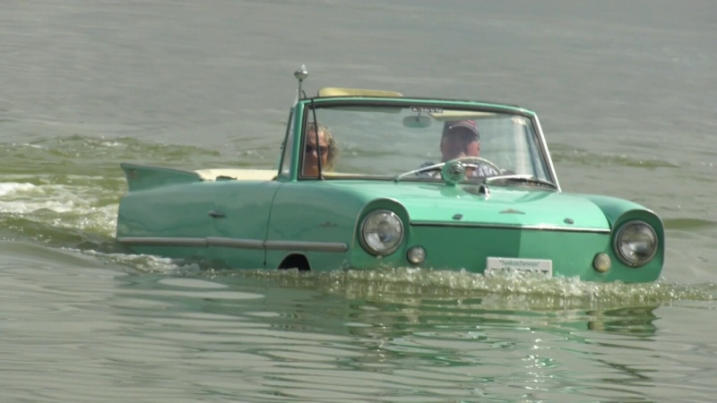 Amphicar hits the water at Good Spirit Lake  