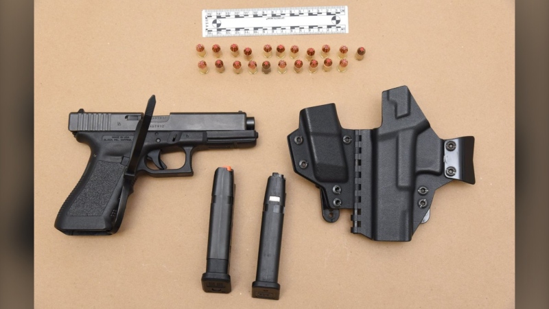 A 9mm Glock pistol seized during an investigation into a weapons complain near the Ross Glen Water Park in Medicine Hat. (MHPS)