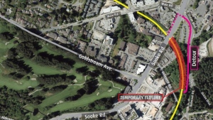 The closure affects the stretch of trail between Island Highway and the Belmont Road bridge and will be in place until at least Aug. 23, according to notices from the Capital Regional District and the City of Colwood.  (City of Colwood)