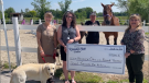Kiwanis Club of Orillia president, Heather Breckles (right to left), presented Louise Brazier and Amanda Tevelde of Hospice Orillia, with Heidi Mueller, owner of Rushmount Equine Sports, and Trooper, Hospice Orillia's dog, with a cheque for $7,500 for the newly established Youth Equine Therapy Group. (PHOTO: SUBMITTED)