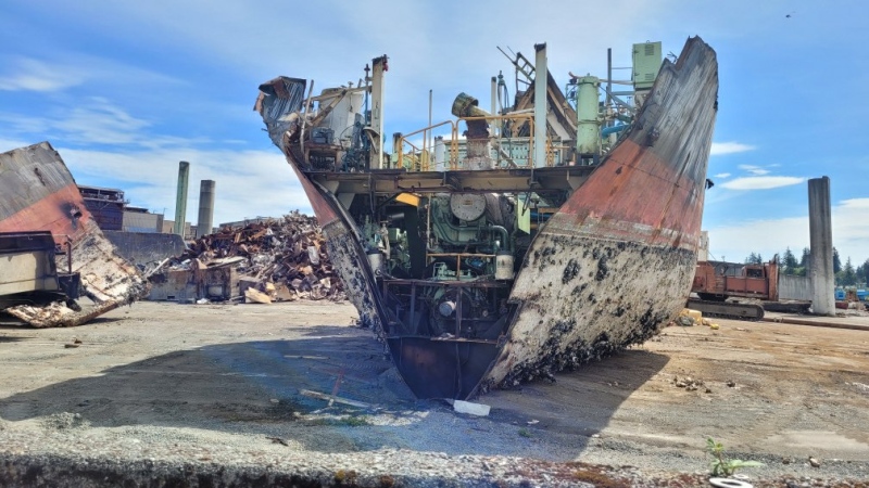 The coast guard provided photos to CTV News on Tuesday showing the vessel's large steel hull in pieces at a marine salvage yard near Campbell River, B.C. (Canadian Coast Guard)