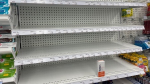 Shelves appear sparse at a Toronto Shoppers Drug Mart amid a shortage of liquid Tylenol and Advil. (Craig Wadman/CTV News Toronto)