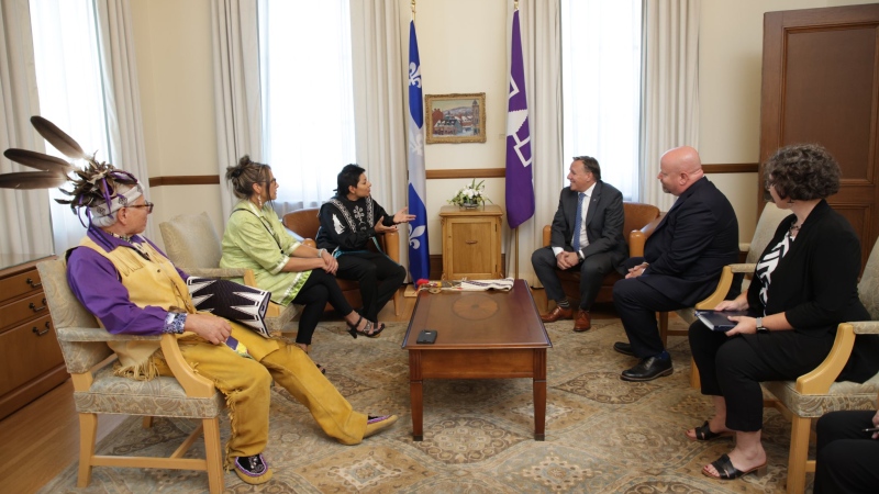 Mohawk Council of Kahnawake Grand Chief Kahsennenhawe Sky-Deer, assistant grand chief Tonya Perron and Ka'nahsóhon Kevin Deer meet with Quebec Premier Francois Legault and his Minister Responsible for Indigenous Affairs Ian Lafreniere in Quebec City. SOURE: Francois Legault/Twitter