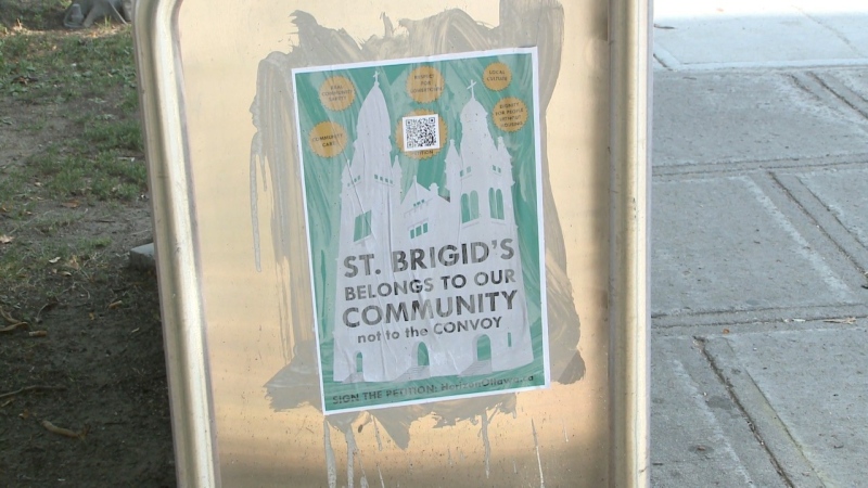 An example of a poster near the former St. Brigid's church in Ottawa, which has become a base of operations for a group called "The United People of Canada". The poster's QR code directs people to a petition against the group's takeover of the former church. (Katie Griffin/CTV News Ottawa)