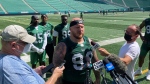 Roughriders defensive lineman Garret Marino spoke to reporters after returning from his four game suspension. (Brit Dort/CTV News) 