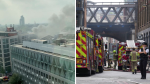 Eyewitness photo of the London fire, left, (Twitter/@VV2473/via REUTERS) and, right, a police officer and firefighters work near the scene where a fire broke out in a railway arch (REUTERS/Maja Smiejkowska)