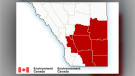 Areas of Southern Alberta under a heat warning as of Aug. 17. (Environment and Climate Change Canada)