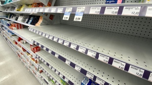 Empty shelves of children's pain relief medicine are seen at a Toronto pharmacy Wednesday, August 17, 2022. Two Ontario pediatric hospitals say they're facing shortages of common pain relievers amid supply disruptions in some parts of the country. THE CANADIAN PRESS/Joe O'Connal