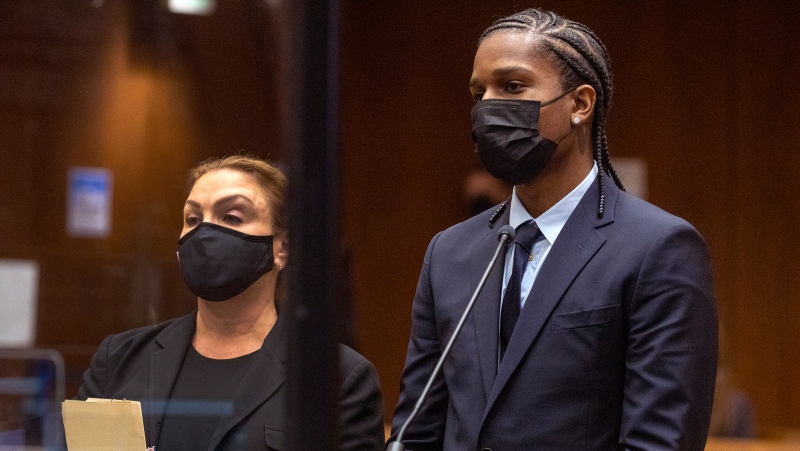 Rapper A$AP Rocky, right, appears in a Los Angeles Superior courtroom on Wednesday, Aug. 17, 2022. (Irfan Khan/Los Angeles Times via AP, Pool)