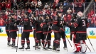 Canada celebrates the win over Switzerland during IIHF World Junior Hockey Championship quarterfinal action in Edmonton on Wednesday August 17, 2022. (THE CANADIAN PRESS/Jason Franson)