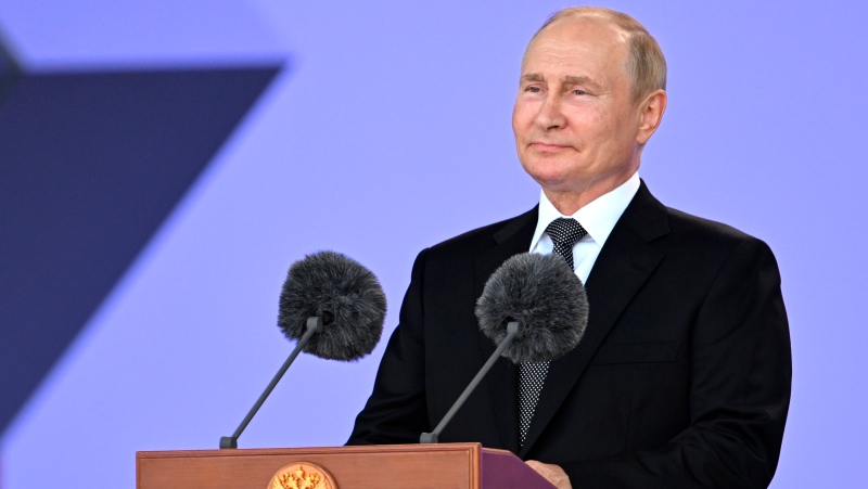 Russian President Vladimir Putin speaks during the opening of the Army 2022 International Military and Technical Forum in the Patriot Park outside Moscow, Russia, Monday, Aug. 15, 2022. (Sputnik, Kremlin Pool Photo via AP)