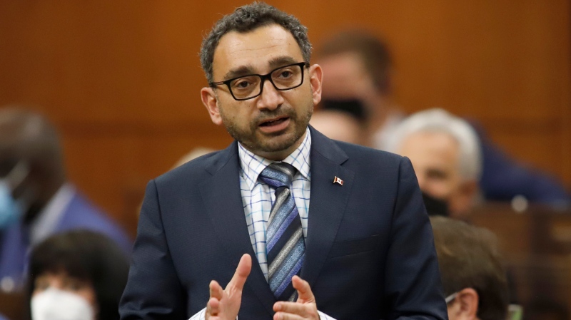 Transport Minister Omar Alghabra rises during Question Period in the House of Commons on Parliament Hill in Ottawa on Monday, June 20, 2022. THE CANADIAN PRESS/ Patrick Doyle 