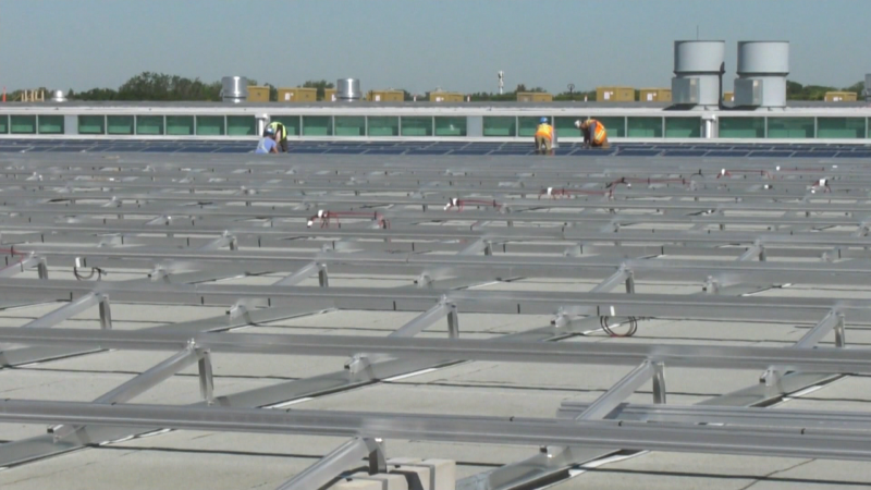 Solar panels on the Edmonton EXPO Centre