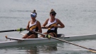 Manitoba's Katie Sierhuis, right, and Leah Miller are shown at the Canada Games in Niagara, Ont., in this Wednesday, August 17, 2022 handout photo. Sierhuis was a promising hockey and soccer player before she diagnosed with a rare form of cancer when she was 12. She tried rowing as a fresh start after her recovery. THE CANADIAN PRESS/HO - Dan Labricciosa