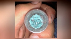 A picture of the blue-tinted form of crack cocaine that began appearing on Victoria streets in August 2022. (Supplied)