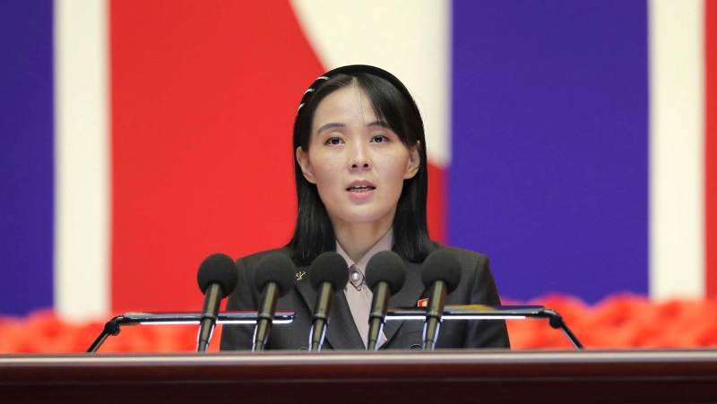 This photo provided on Aug. 14, 2022, by the North Korean government, Kim Yo Jong, sister of North Korean leader Kim Jong Un, delivers a speech during the national meeting against the coronavirus, in Pyongyang, North Korea, on Wednesday, Aug. 10, 2022.