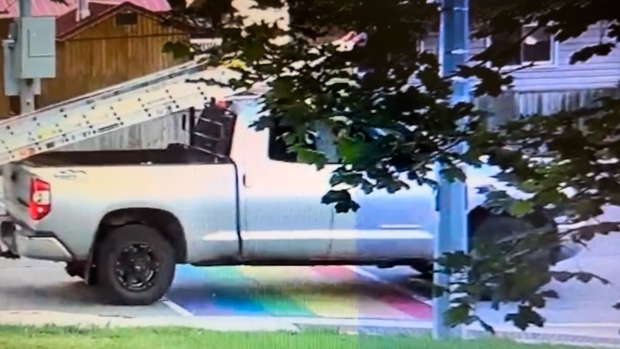 Police released an image of a pickup truck defacing a Pride crosswalk in Wasaga Beach, Ont. on Aug. 10, 2022 (Supplied)