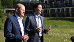 German Chancellor Olaf Scholz, left, and the Prime Minister of Canada, Justin Trudeau, right, give a statement during their bilateral meeting on the sidelines of the G7 summit at Castle Elmau in Kruen, near Garmisch-Partenkirchen, Germany, on Monday, June 27, 2022. The Group of Seven leading economic powers are meeting in Germany for their annual gathering Sunday through Tuesday. (Kerstin Joensson/Pool Photo via AP)