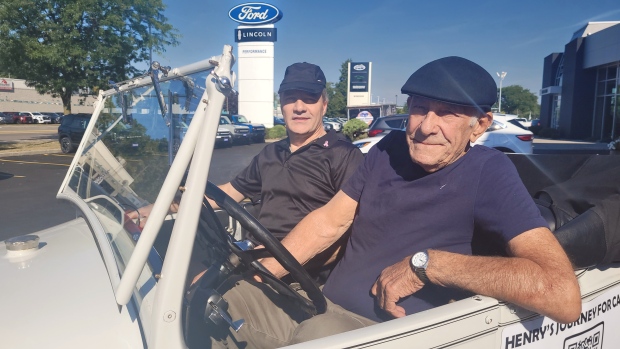 Ray Osborn (right) and his son Michael Ludwig are driving from Windsor, Ont. to Vancouver to raise awareness for the importance of supporting cancer research. Osborn, 85, has terminal cancer. (Sanjay Maru/CTV News Windsor)