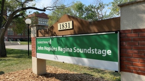 The sign for the John Hopkins Regina Soundstage is seen in this picture taken Aug. 24, 2022. (Gareth Dillistone/CTV News)