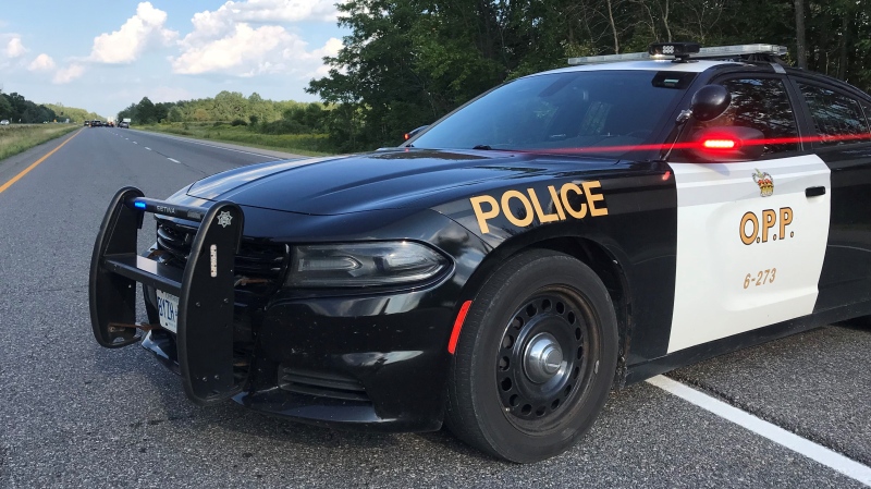 An Ontario Provincial Police cruiser near a collision along the 403 on Aug. 24., 2022. (Dan Lauckner/CTV News Kitchener) 
